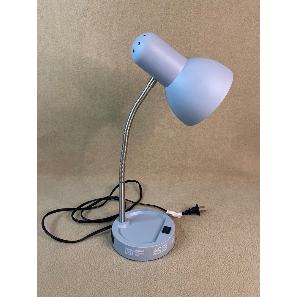 Mainstays Gray LED Desk Lamp with AC Outlet & Flexible Gooseneck Study Dorm EUC